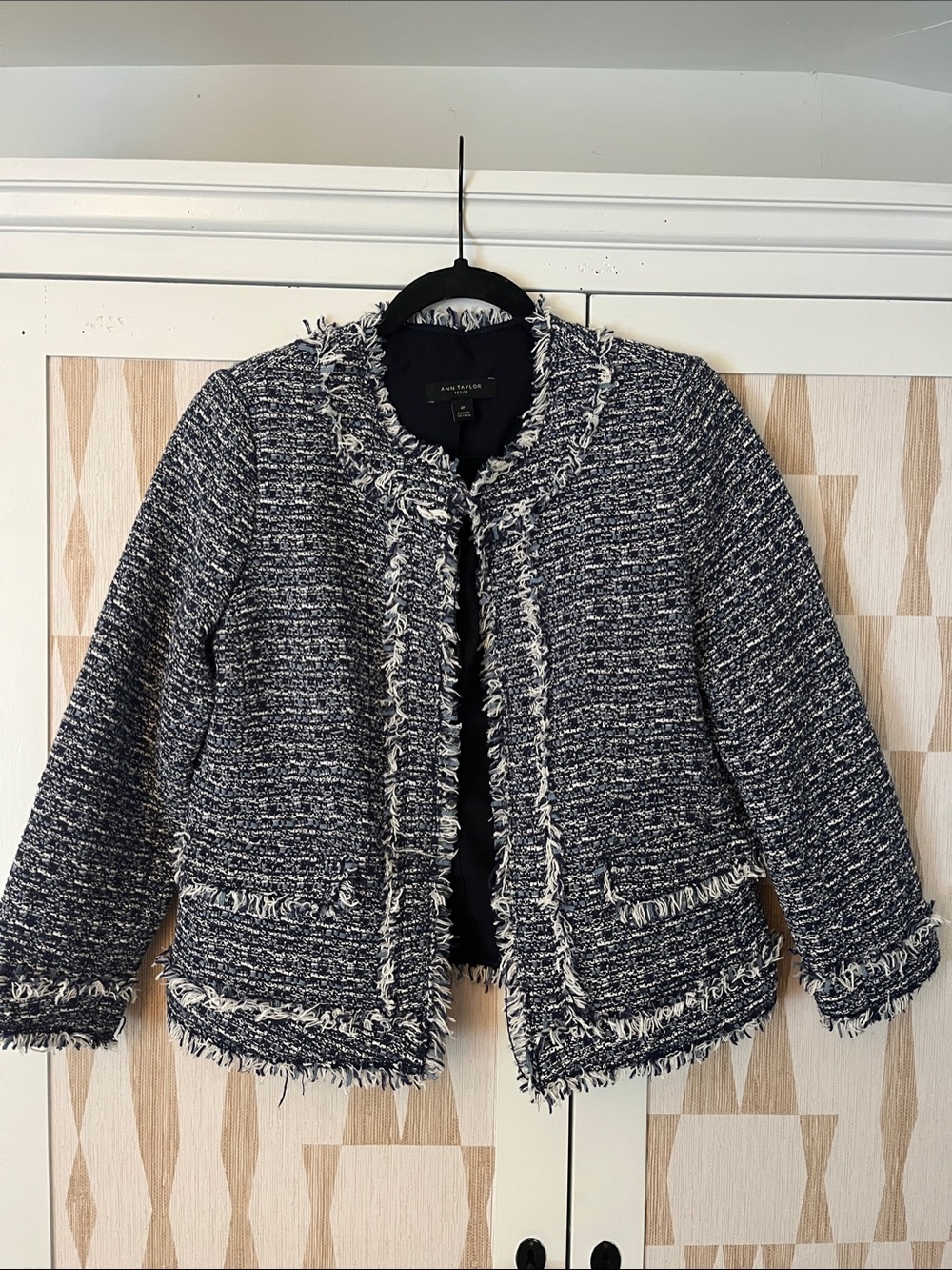 Ann Taylor Navy & White Fringe Tweed Blazer